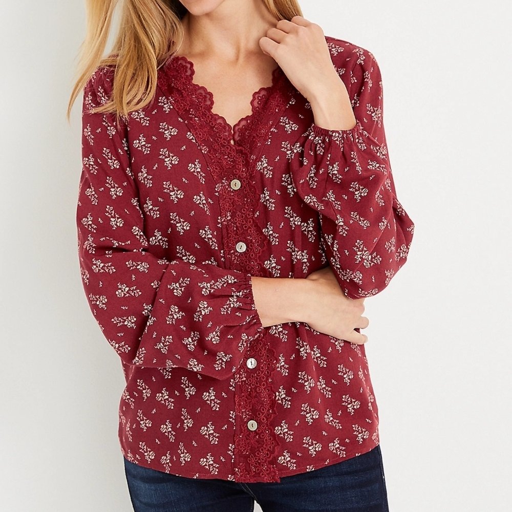 Maurices Burgundy Floral Top with Lace Detail